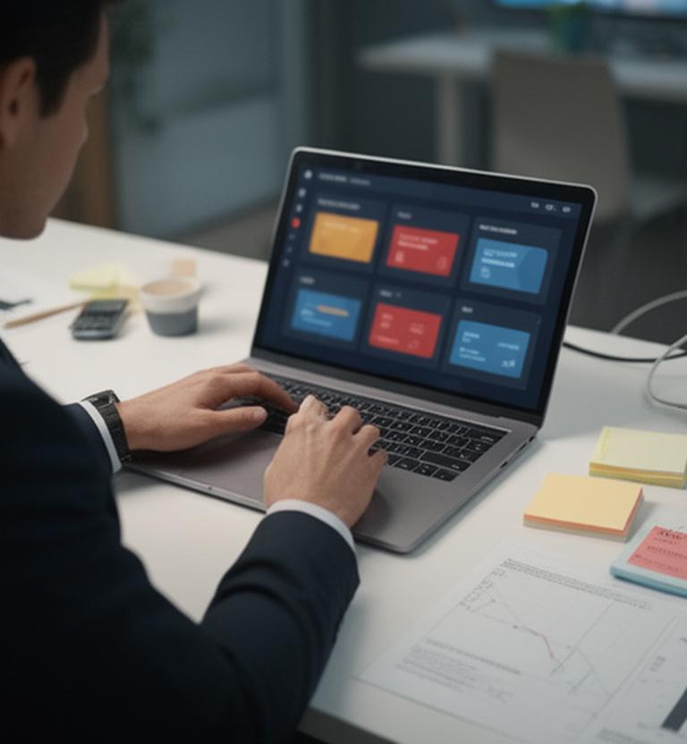 Finance lead checking a laptop dashboard with margin alerts beside sticky notes and printed project budgets in a modern agency workspace