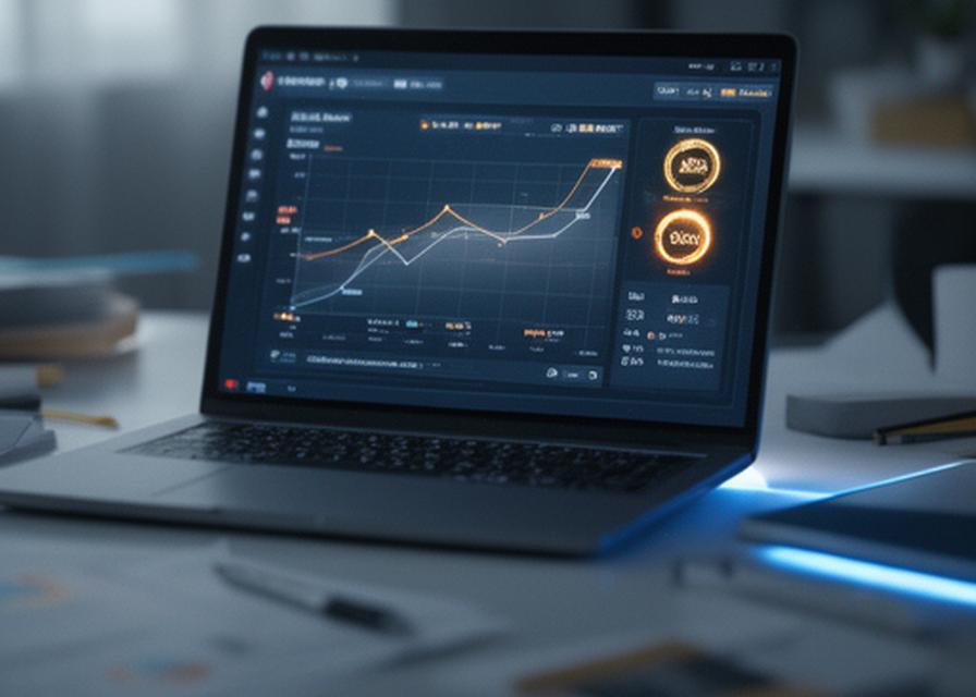 Financial dashboard on a desk with inventory charts, cash cycle metrics, and highlighted stock alerts in a modern office