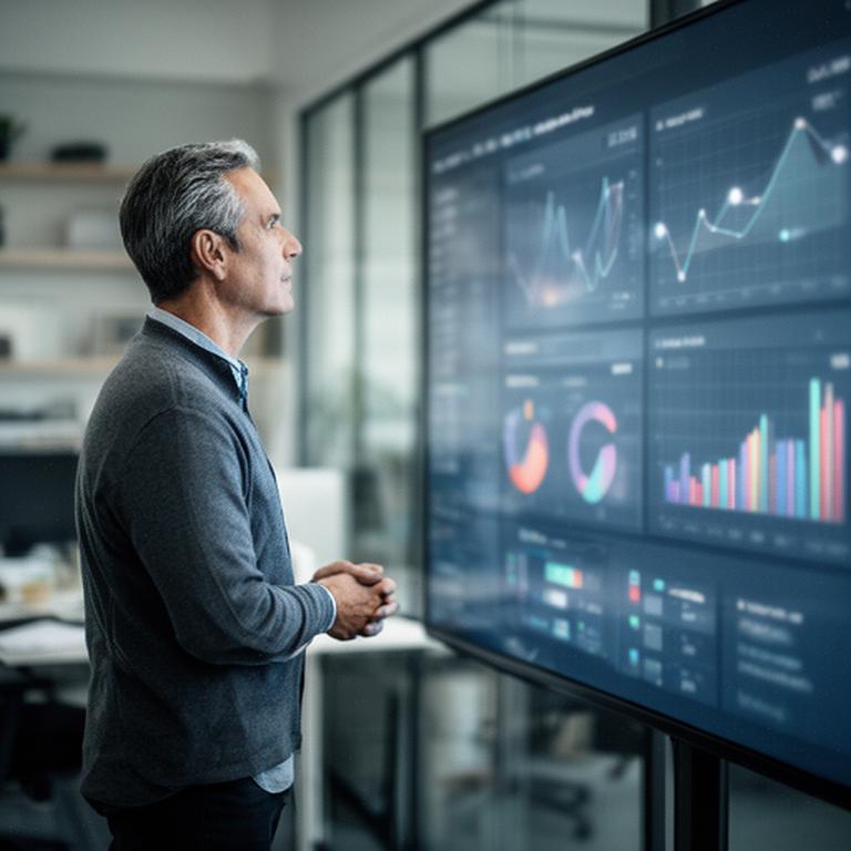 Finance leader reviewing AI budget dashboards on a large screen in a Palo Alto office with charts and scenario panels
