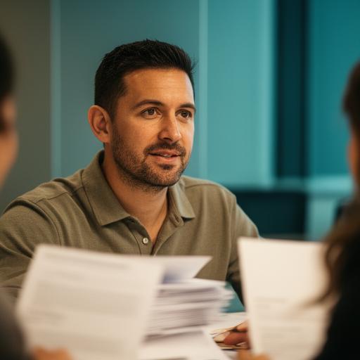 Portrait of Adderly Maiorella in a customer meeting room with notes and budget documents