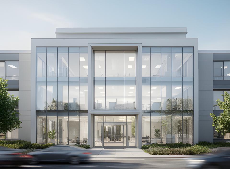 Modern Palo Alto office exterior with glass walls, light traffic, and a marked entrance for Jenkins & Johnson Optimize