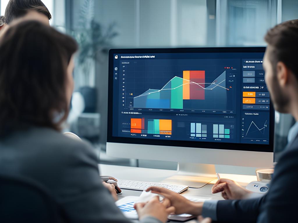 Finance team reviewing cash flow forecasts on a large monitor in a Palo Alto office with scenario charts and heatmaps