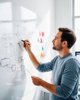 Head of product in a bright workspace mapping budgeting flows on a whiteboard